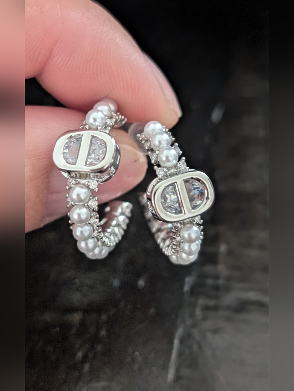 Pearl and Crystal Hoop Earrings with Silver-Tone Emblem